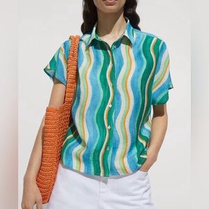 New MNG Wavy Stripe Short-Sleeve Button-Up Top - Blue & Green SZ 10
